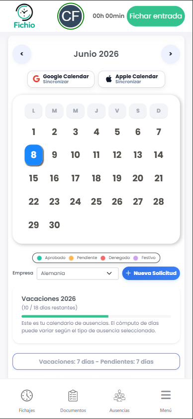 Formulario de solicitud de ausencia del empleado en Fichio