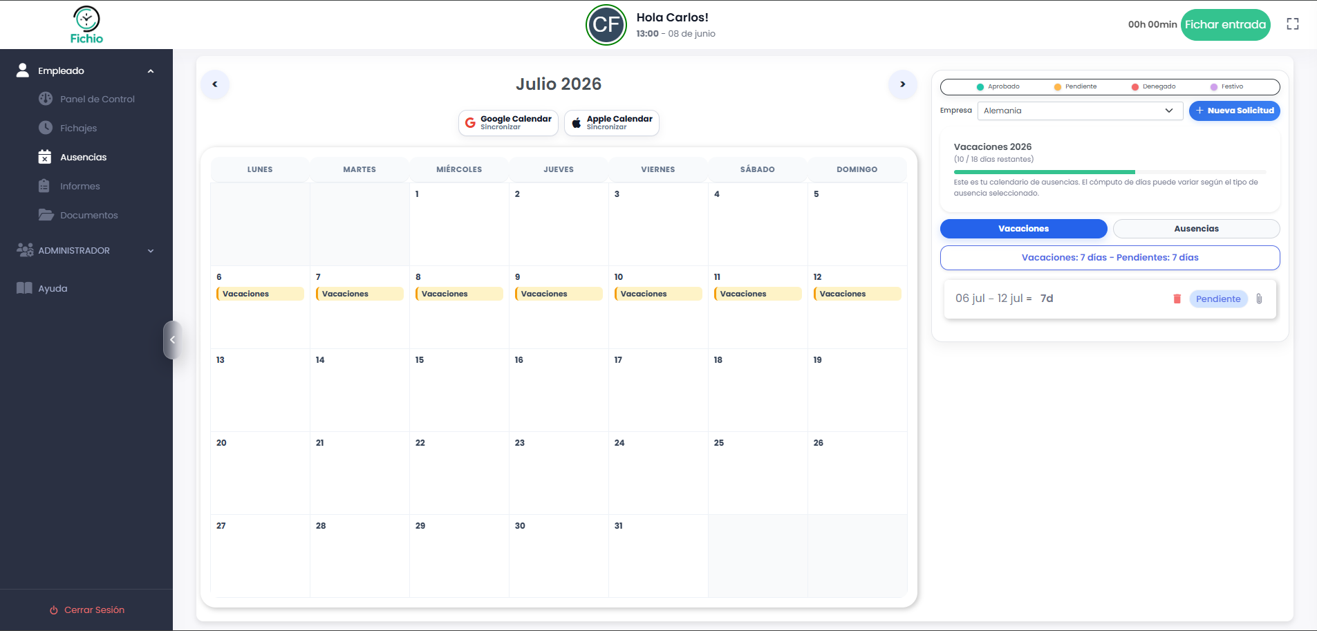 Calendario de ausencias del equipo en Fichio