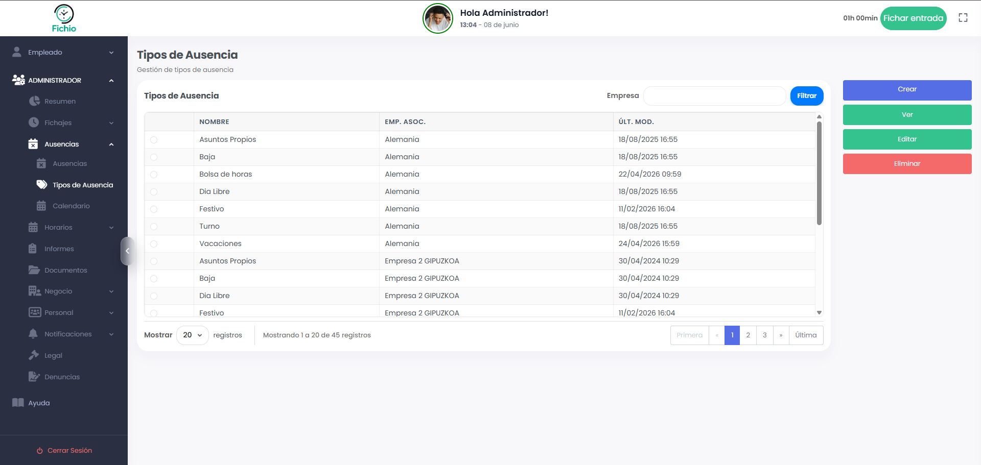 Configuración de tipos de ausencia en Fichio
