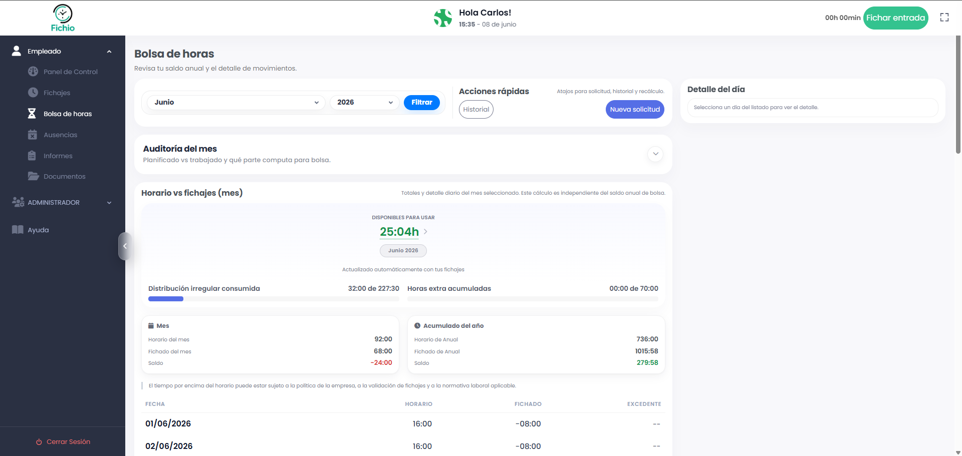 Saldo de bolsa de horas del empleado en Fichio