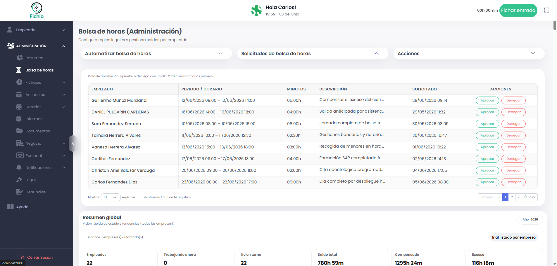 Solicitud de compensación de horas en Fichio