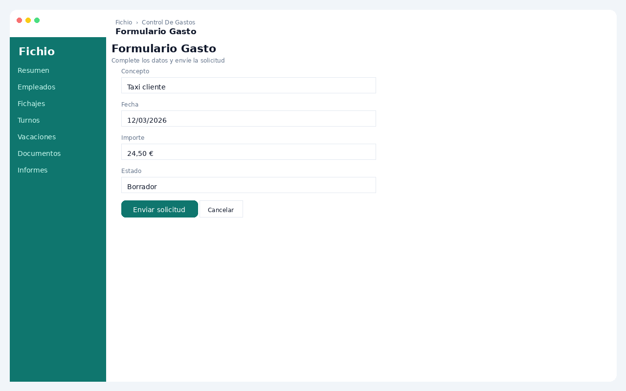Formulario de registro de un gasto en Fichio