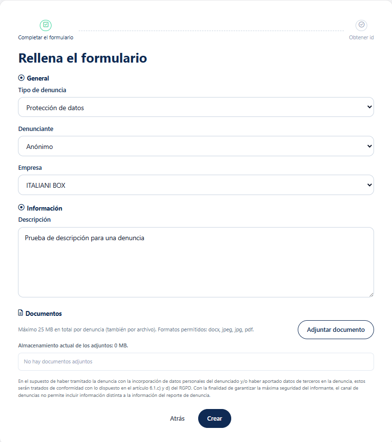 Formulario de denuncia en Fichio