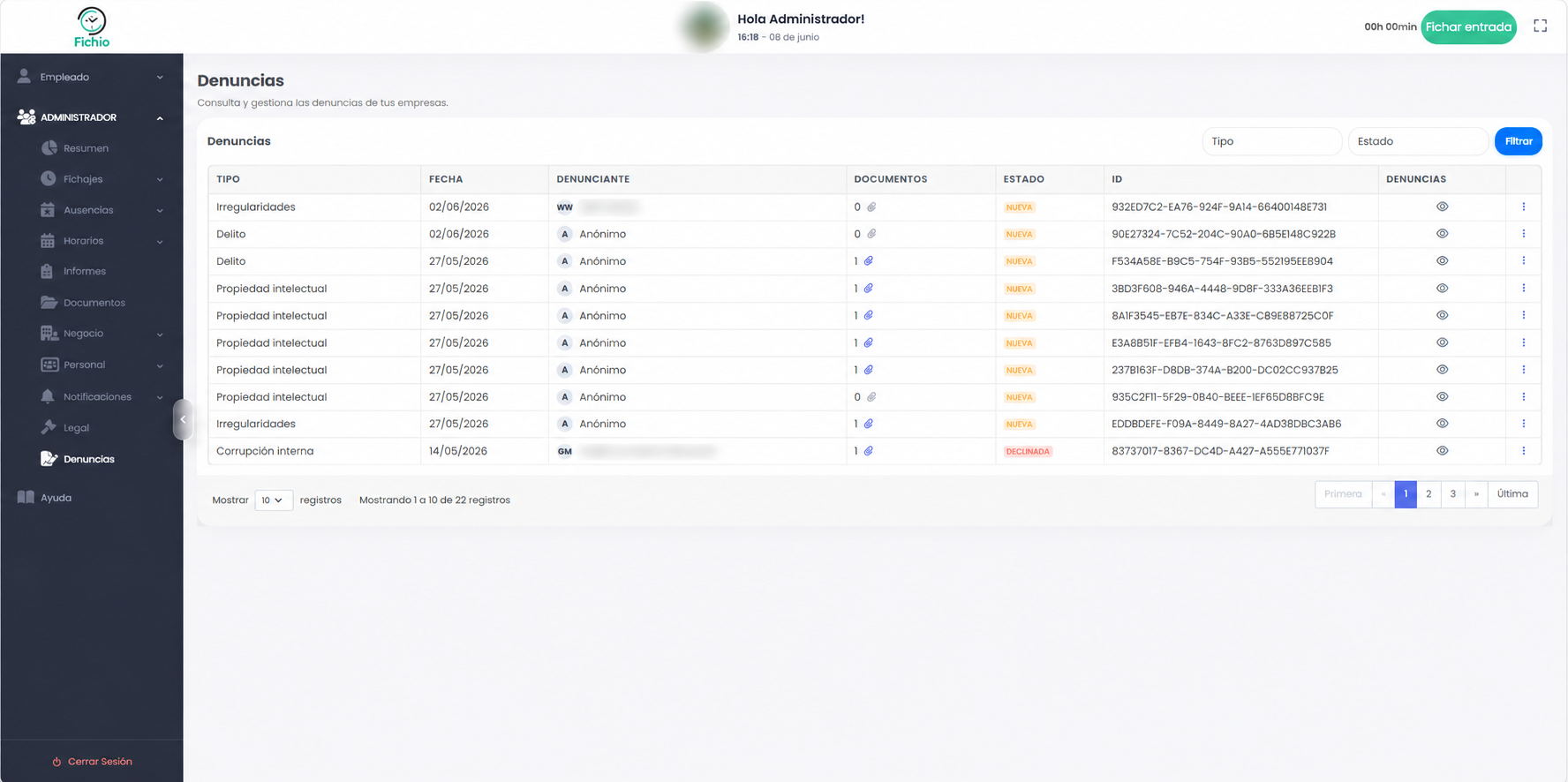 Listado de denuncias para gestores autorizados