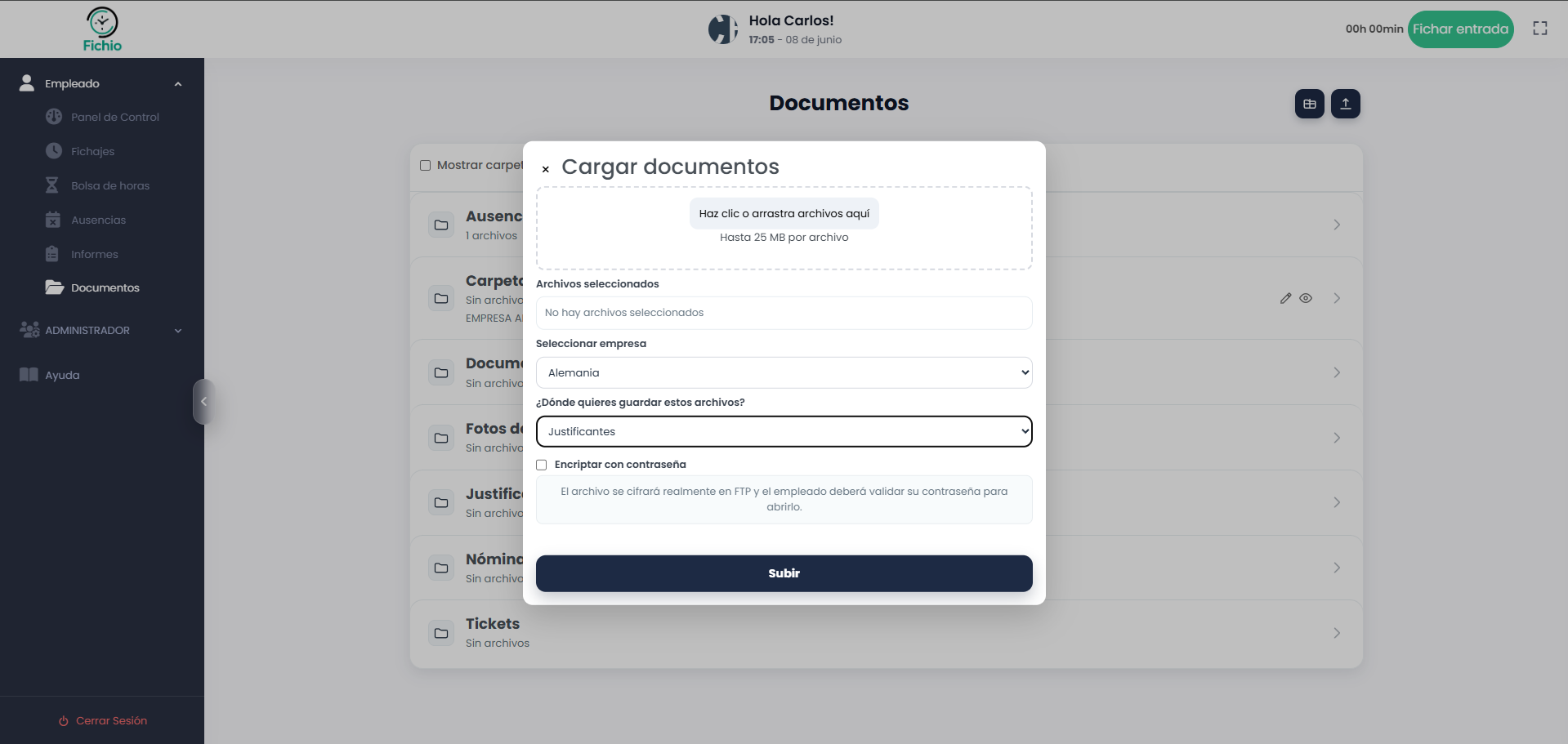 Subida de documento en Fichio