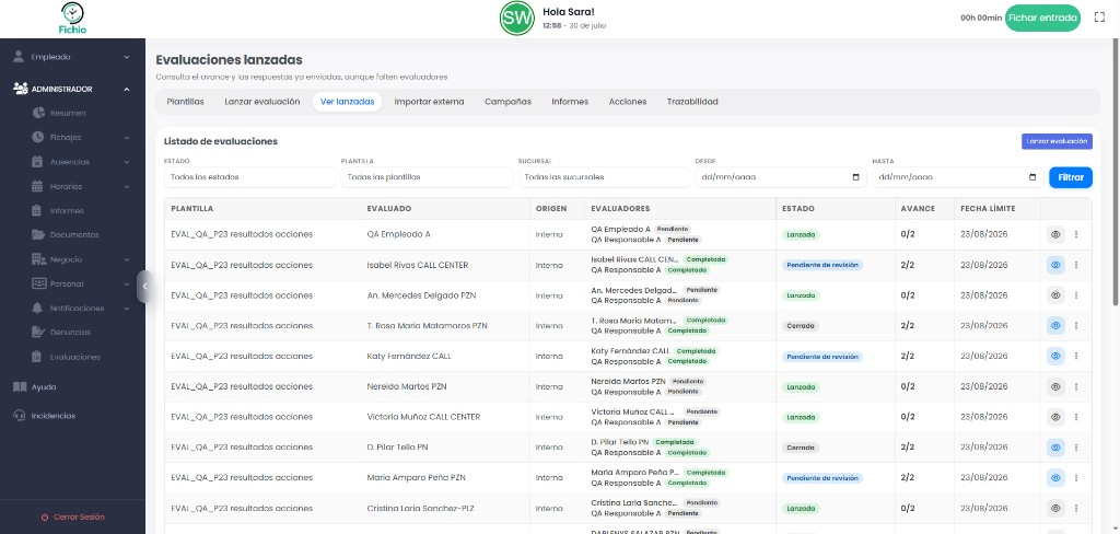 Panel de administración de Evaluaciones Fichio: listado de evaluaciones lanzadas con filtros, evaluadores y avance