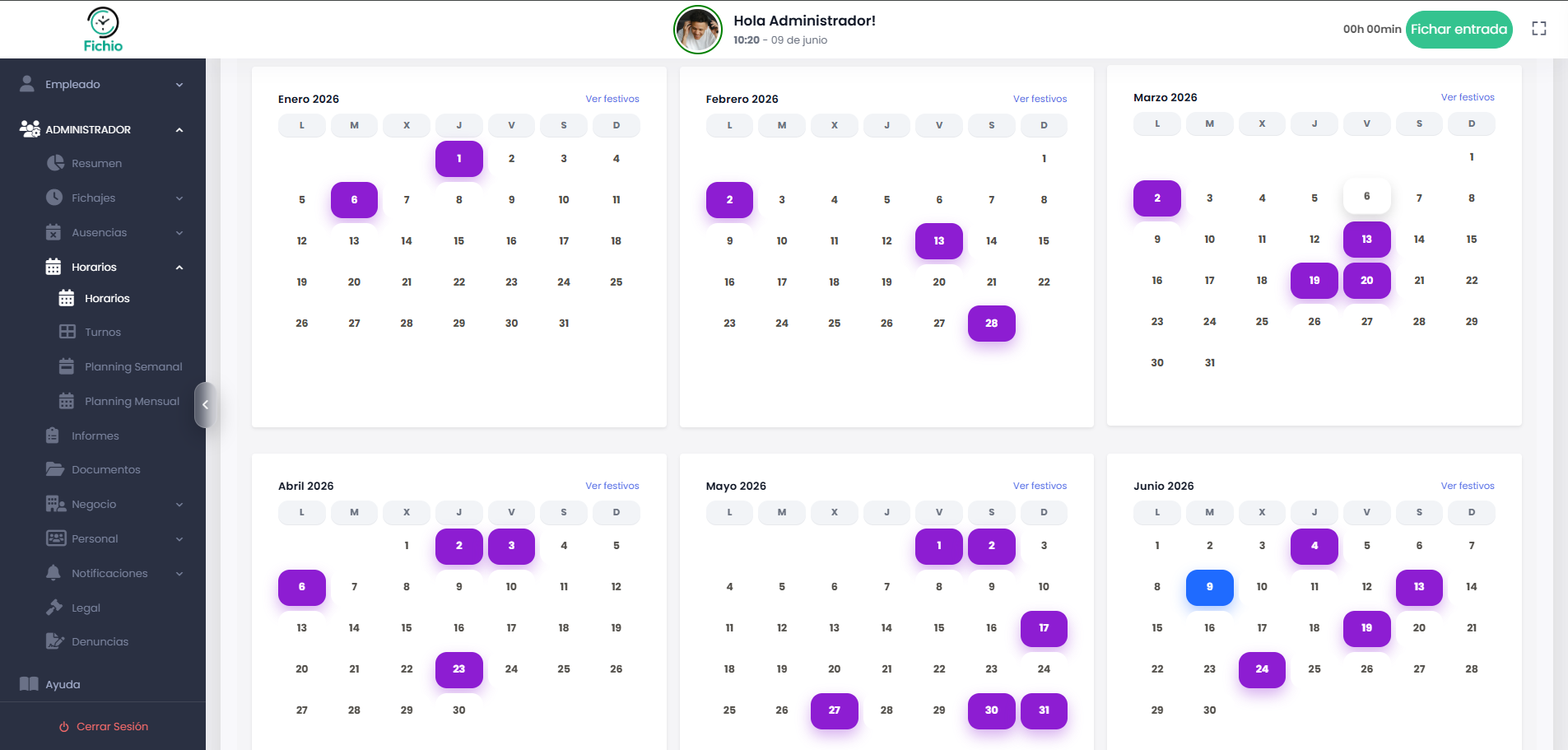 Calendario de festivos en Fichio