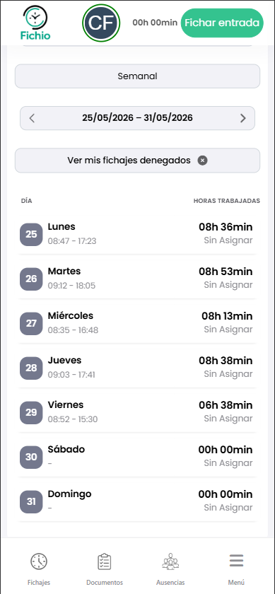 Historial de fichajes del empleado