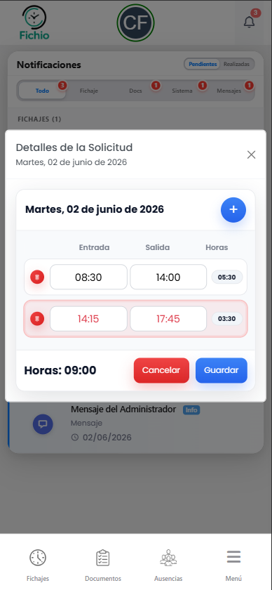Avisos e incidencias de fichaje