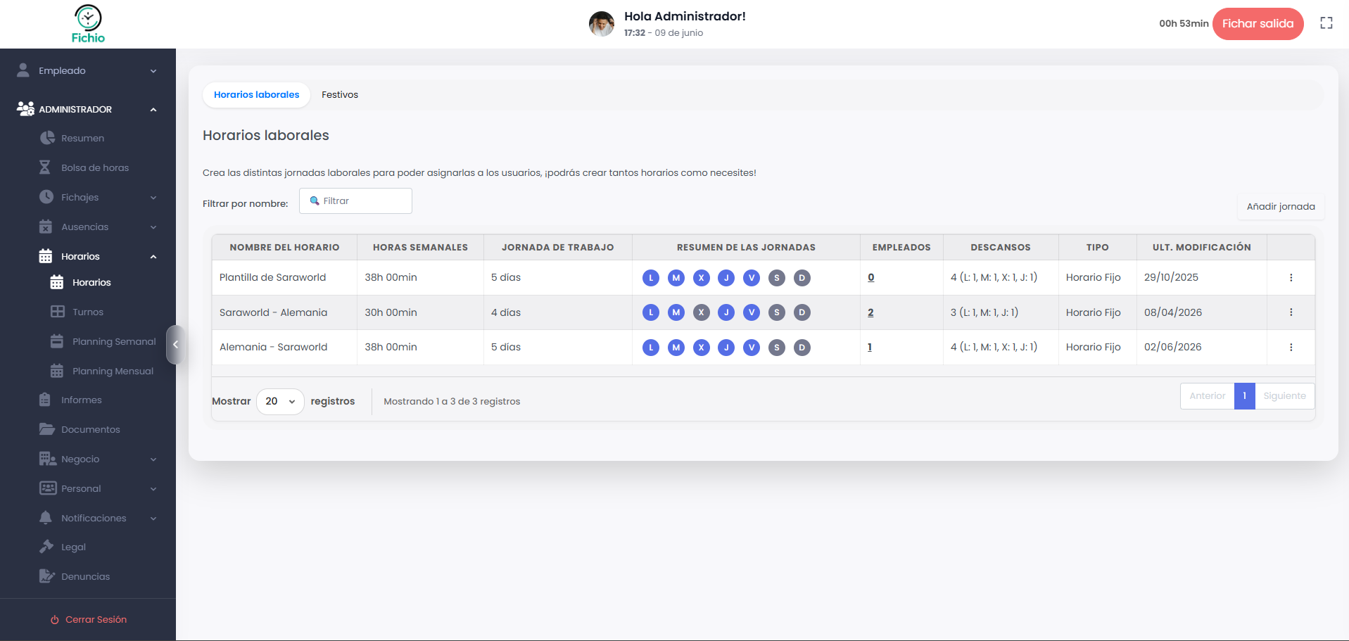 Configuración de horarios por sucursal en Fichio