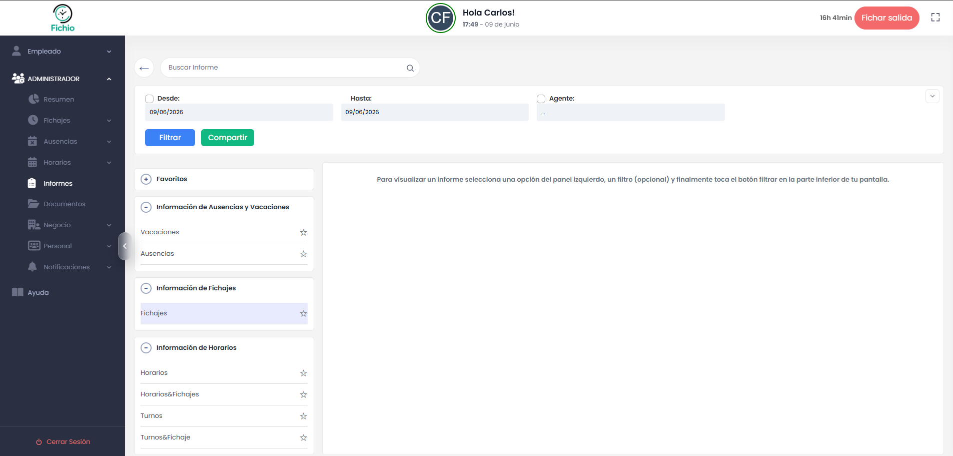 Listado de informes disponibles en Fichio