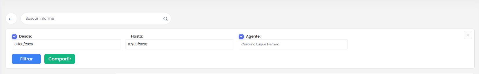 Filtros de informe por fechas y sucursal