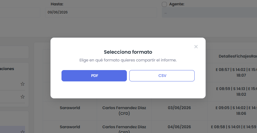 Exportación de informe a Excel, PDF o CSV