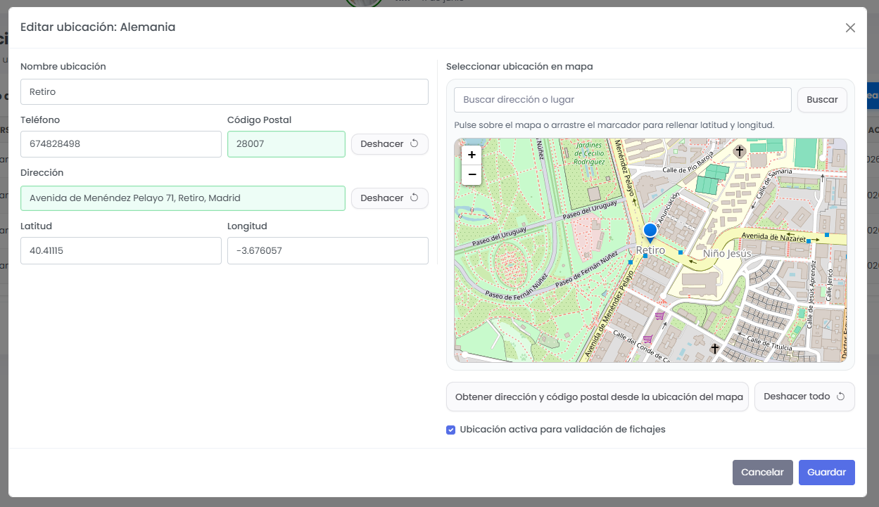 Mapa o configuración de ubicación