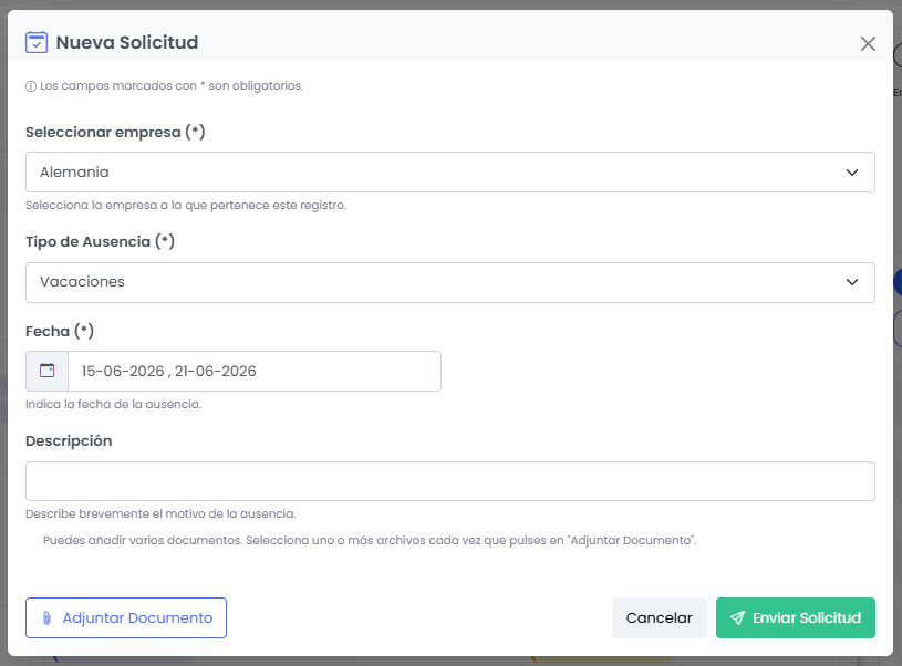 Solicitud de vacaciones del empleado en Fichio