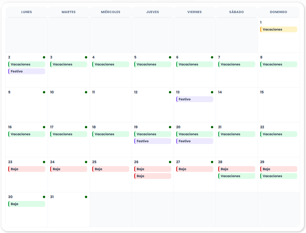 Calendario de vacaciones del equipo en Fichio