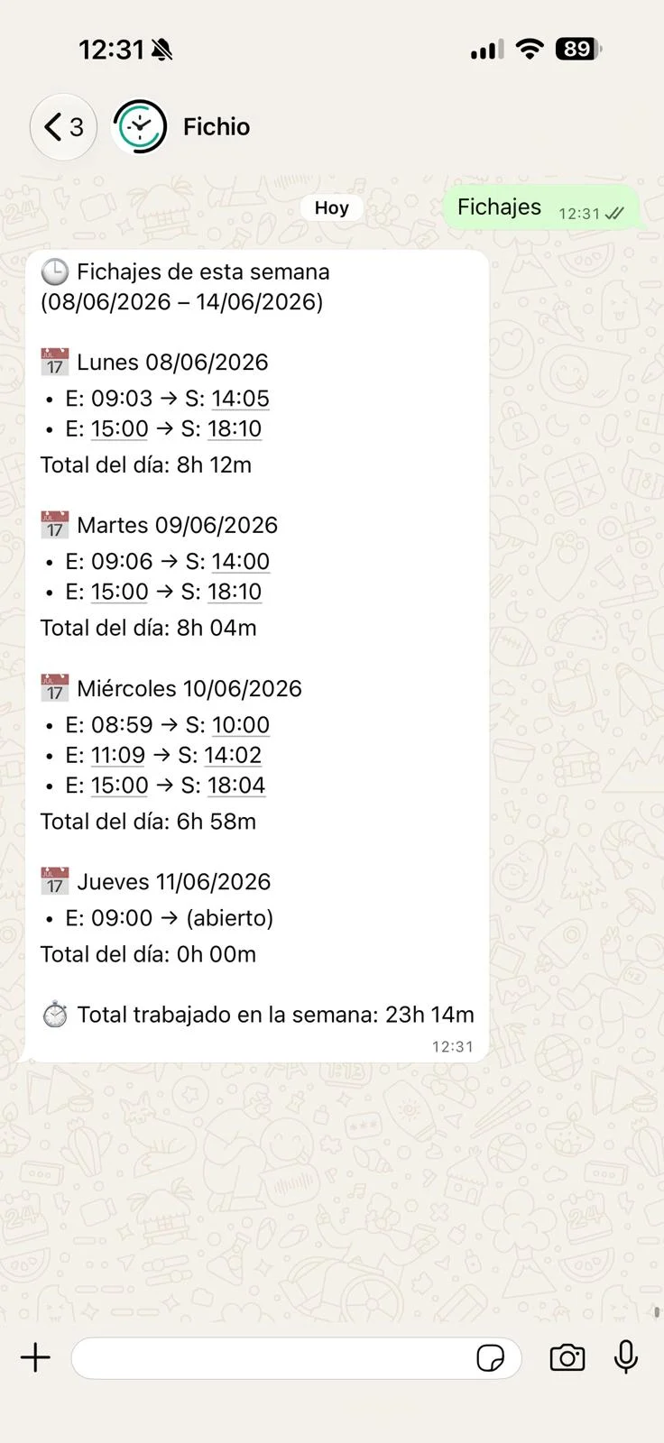 Consulta de fichajes de la semana por WhatsApp