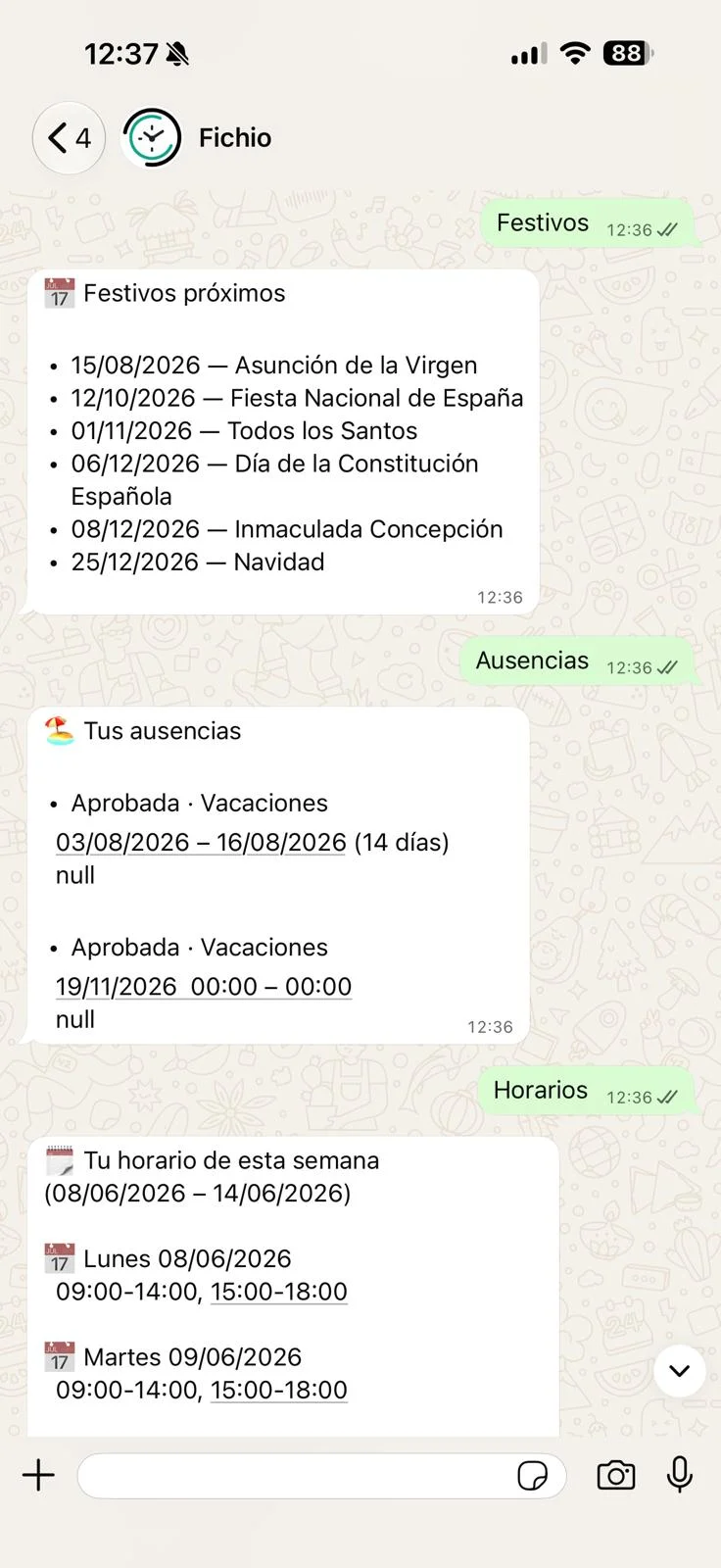 Consulta de horario o turnos por WhatsApp