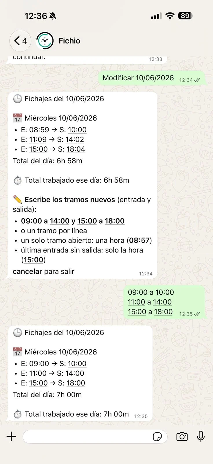 Modificación de fichaje por conversación en WhatsApp